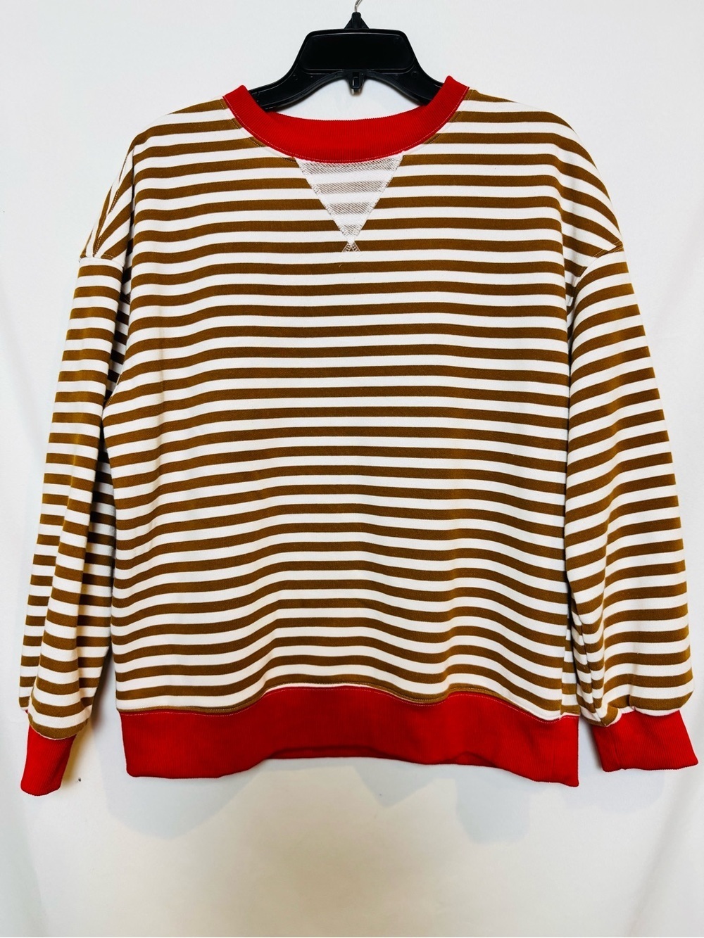 Striped Crewneck Sweatshirt in Brown & White with Red Trim Small
